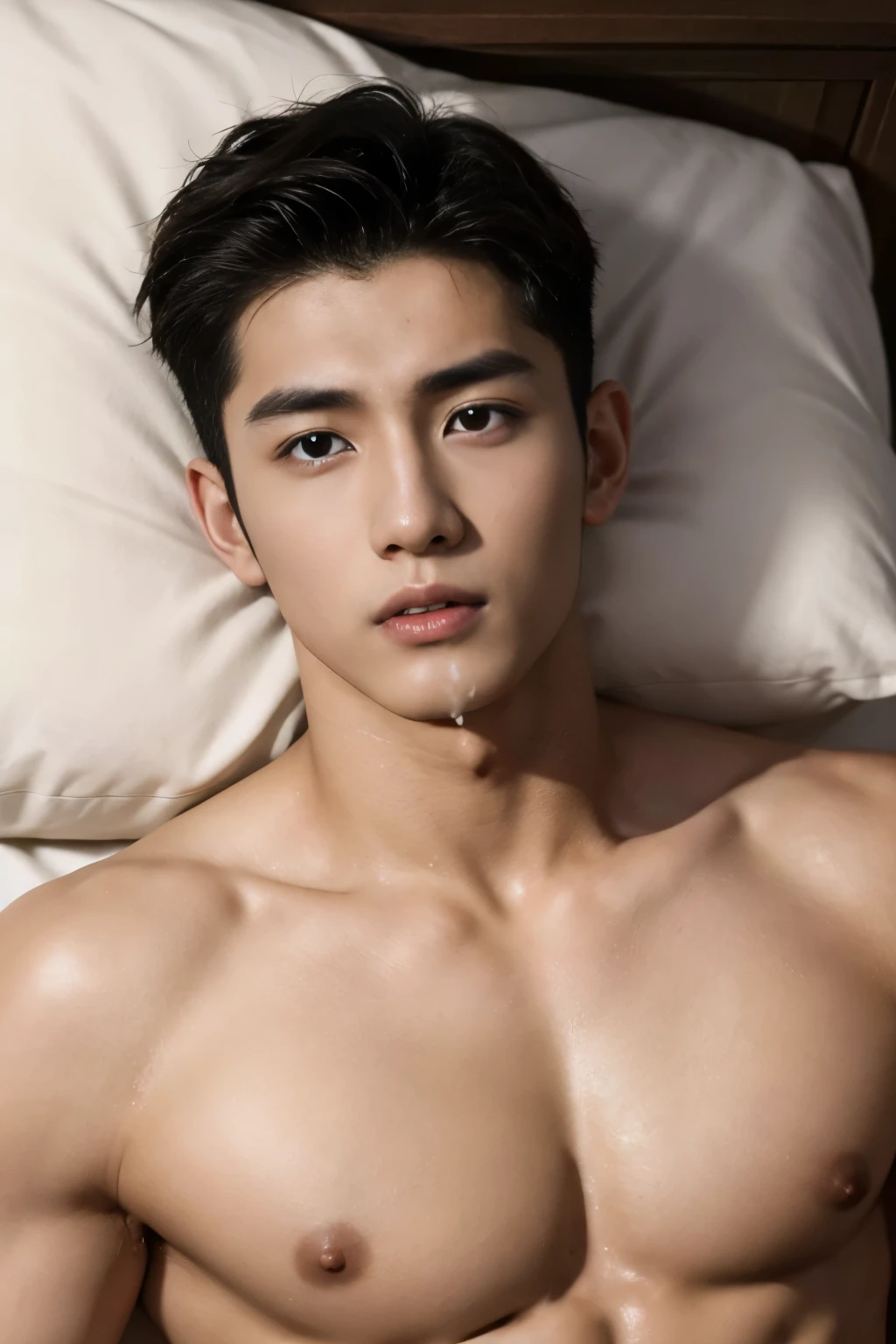 Hyperrealistic, 20-year-old, Handsome model, Korean Man, nude, On the bed, penis, Top View, Expressions of ecstasy/Orgasm, , Semen on chest and face