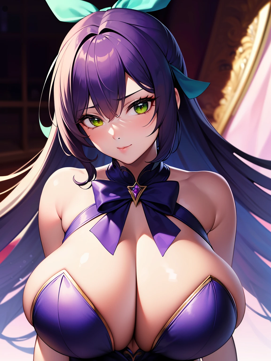 (8K, Best quality, tmasterpiece:1.2),\(eye detailed\),(\(Clothes detail details\)\),full bodyesbian,(huge tit),(Facial focus) ,Very detailed CG unity 8K wallpaper,hugefilesize,ultra - detailed,A high resolution,absurderes,beautidful eyes,Ray traching,dramatic shadow,finely detailled,Dramatic angles,Hyper-detailing,(1 girl:1.3),(Solo),,Mature female,Long hair black,Green eyes,Wearing(cosplaying_magical girl,very cute purple dress with ruffles,Large Ribbon Bow Tie Back),