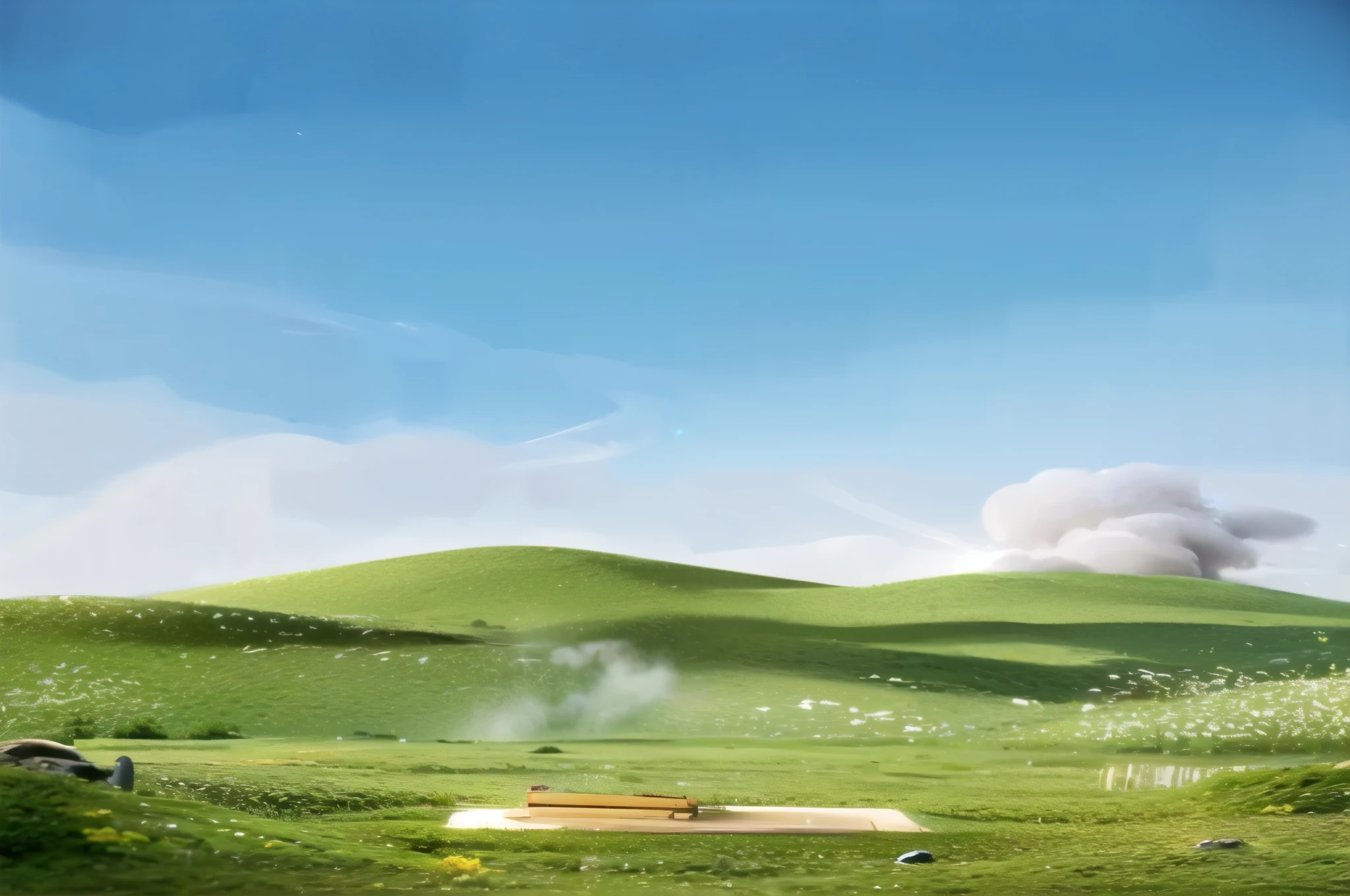 there is a picture of a green mountain with a picnic table, Smoky ， green mountain, Beautiful landscape rendering, matte background. Unreal Engine, Battlefield Background, Daylight made from a blender, background environment. Eight thousand, magical Battlefield Background, Background battlefield, Volumetric fog and smoke, Volumetric Clouds and Fog, rendered in arnold engine, 在Unreal Engine中渲染
