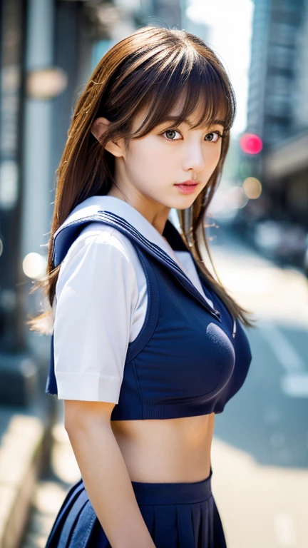 (8K, Photorealistic, Raw photo, of the highest quality: 1.3), (1girl in), Super beautiful, (Realistic face), (boyish, longhair), Beautiful , Beautiful expression, Beautiful breasts, (Realistic skin), A detailed eye， panties、sailor suit, street,(breasts_on_glass),transverse breasts