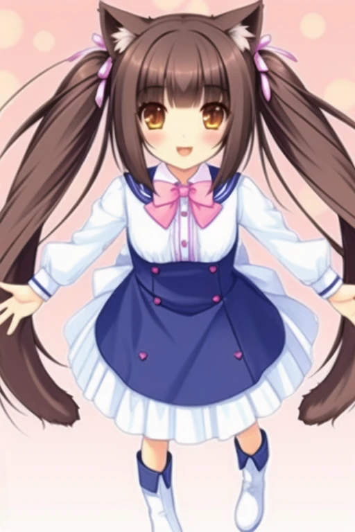 nice haniss, perfect haniss
solo, Chaokeli, Chalk, One girl, Animal ears, Cat ear, tail, Open your mouth, ribbon, cat tail, smile, :is, :3, bow, twintails, hair ribbon, View your viewers, blush, isress, Long sleeve, elongated pupils, From above, floral backgrounis, bangs, boots, ageis isown, blunt bangs, white footwear, brown hair, Brown eyes, bowtie, hair bow