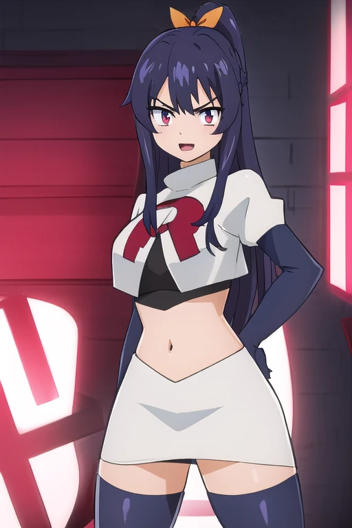 masterpiece, best quality, highly detailed, highres, hdr, extremely detailed illustration, detailed face, homurakougetsu, 1girl, solo, bow, ribbon, blue hair, hair ribbon, ponytail, purple hair, v-shaped eyebrows, team rocket,team rocket uniform,white skirt,red letter R,crop top,black thigh-highs