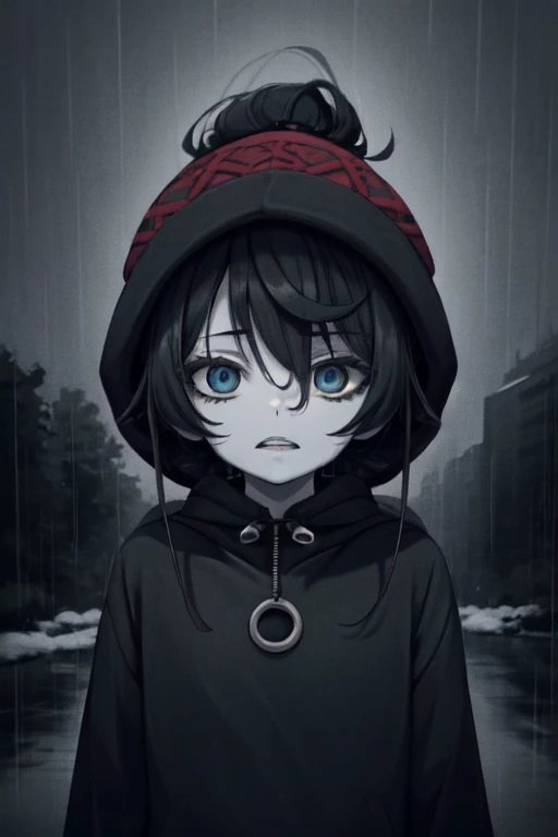 HoodieGirl, Best quality, Masterpiece, 1girl, Black hair, Pale skin, Hair bun, Upper body, (Black gardener with winter hat), Symbiote hoodie, Symbiotic teeth, Without expression, Looking at the viewer, in the fresh air, rain, raining, a night, sick, Looking at the viewer