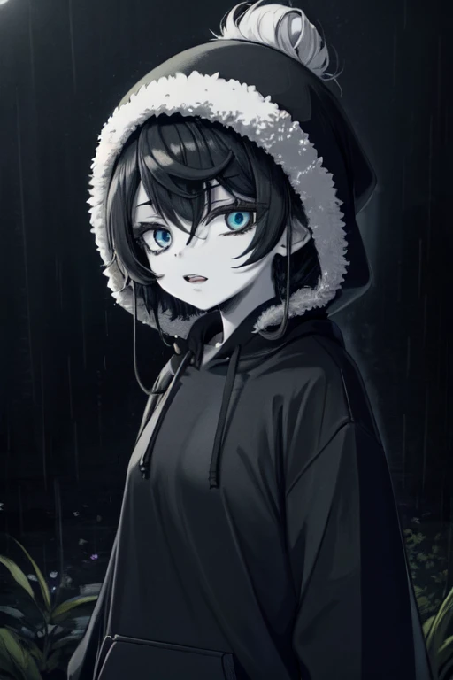 HoodieGirl, Best quality, Masterpiece, 1girl, Black hair, Pale skin, Hair bun, Upper body, (Black gardener with winter hat), Symbiote hoodie, Symbiotic teeth, Without expression, Looking at the viewer, in the fresh air, rain, raining, a night, sick, Looking at the viewer