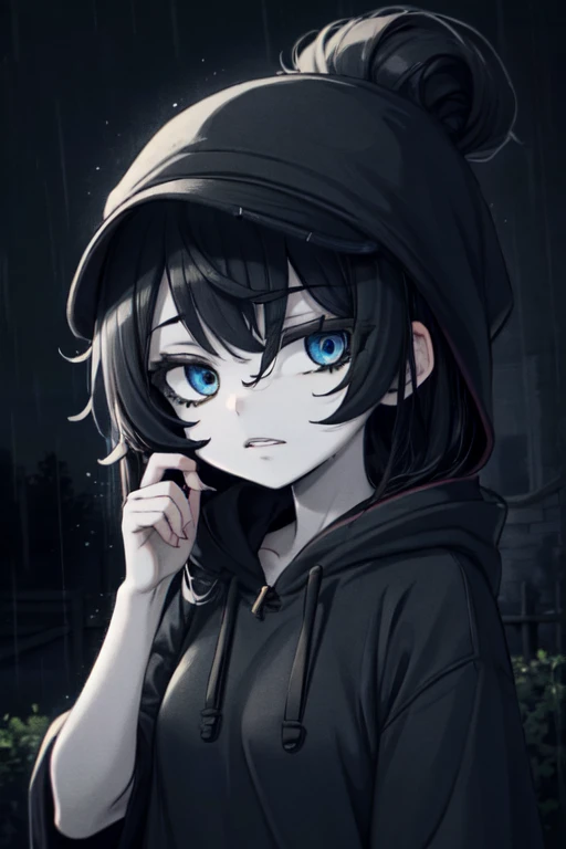 HoodieGirl, Best quality, Masterpiece, 1girl, Black hair, Pale skin, Hair bun, Upper body, (Black gardener with winter hat), Symbiote hoodie, Symbiotic teeth, Without expression, Looking at the viewer, in the fresh air, rain, raining, a night, sick, Looking at the viewer