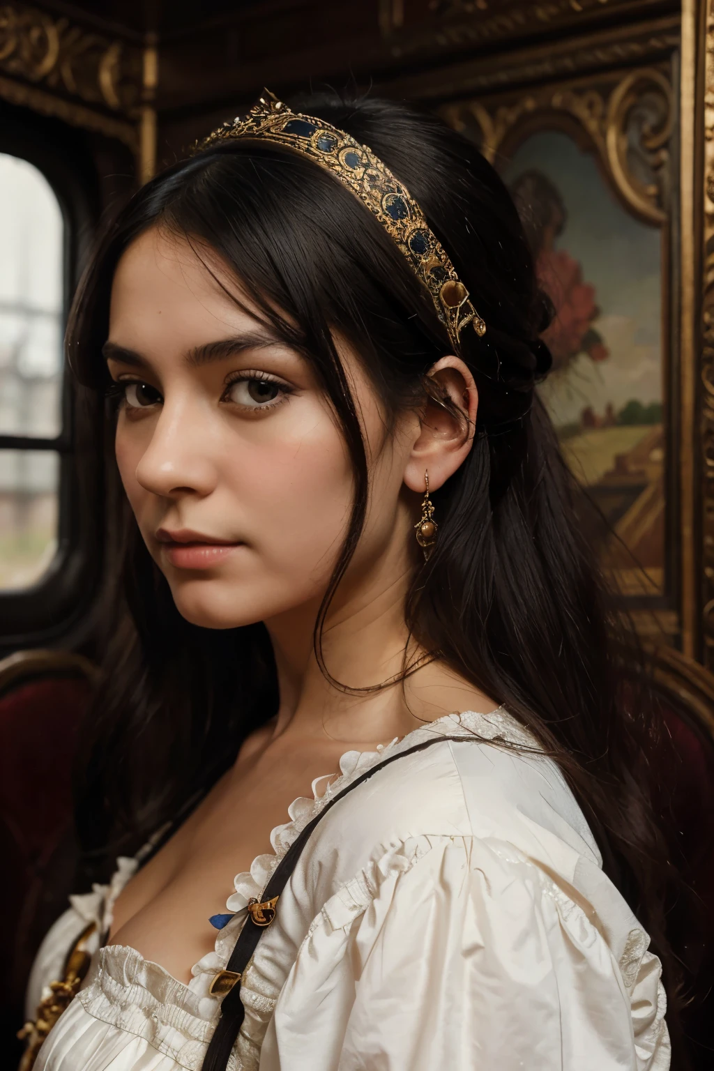 FRONT VIEW OF A VICTORIAN ERA TRAIN, a highly detailed beautiful portrait painting of a pretty young lady by Hirakulov, 'A black hair, baroque style painting, very detailed, painted by