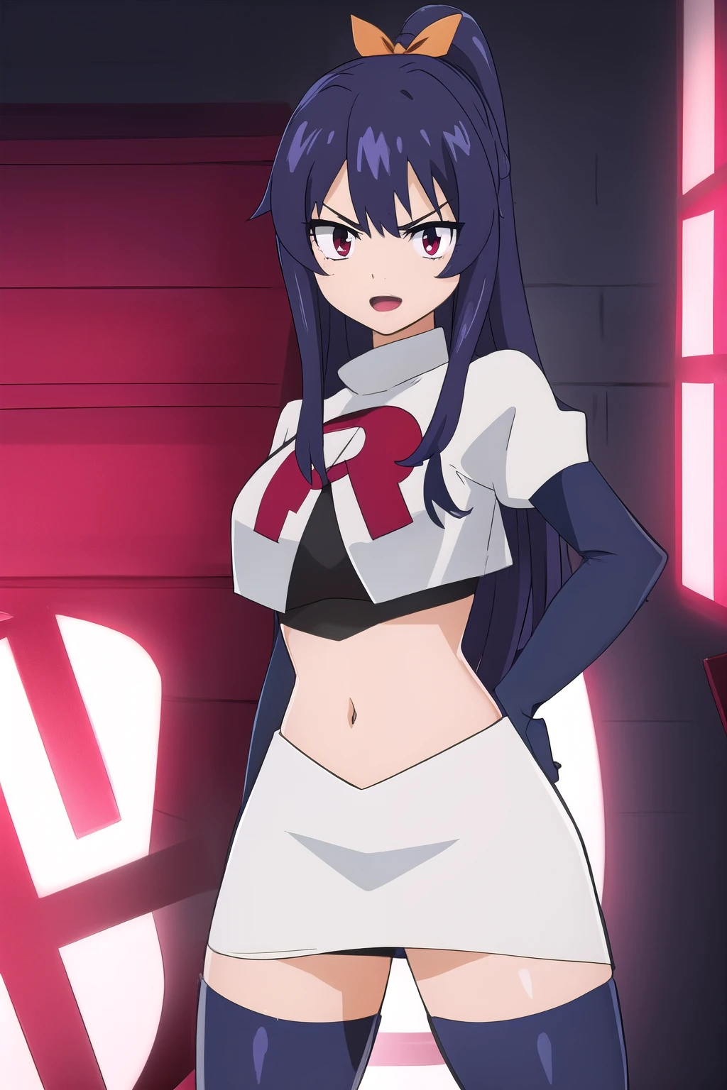 masterpiece, best quality, highly detailed, highres, hdr, extremely detailed illustration, detailed face, homurakougetsu, 1girl, solo, bow, ribbon, blue hair, hair ribbon, ponytail, purple hair, v-shaped eyebrows, team rocket,team rocket uniform,white skirt,red letter R,crop top,black thigh-highs