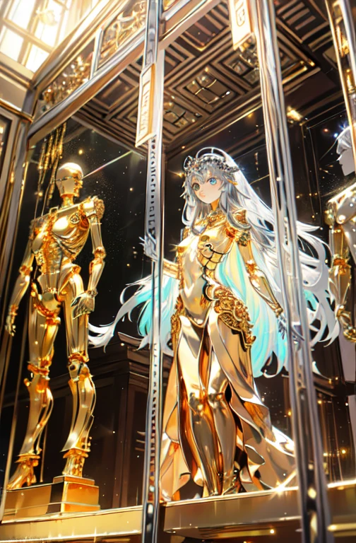 highest quality, masterpiece, High resolution, (Exquisite body: 1.5), Gorgeous face, (metal skin: 1.3), Intricate details, High resolution, wallpaper, whole body, 
whole bodyショット, 1 Girl, translucent robotic body, Naked skeleton, tied to a transparent tube, (((((Gold and silver body parts)))), Big eyes, Silver floating hair, Natural pose, 
16k, High resolution, High Resolution, Depth Field, (Film Grain: 1.1), Book, Golden Hour, (Lens flare), Vignette, rainbow, (Color Grading: 1.5)