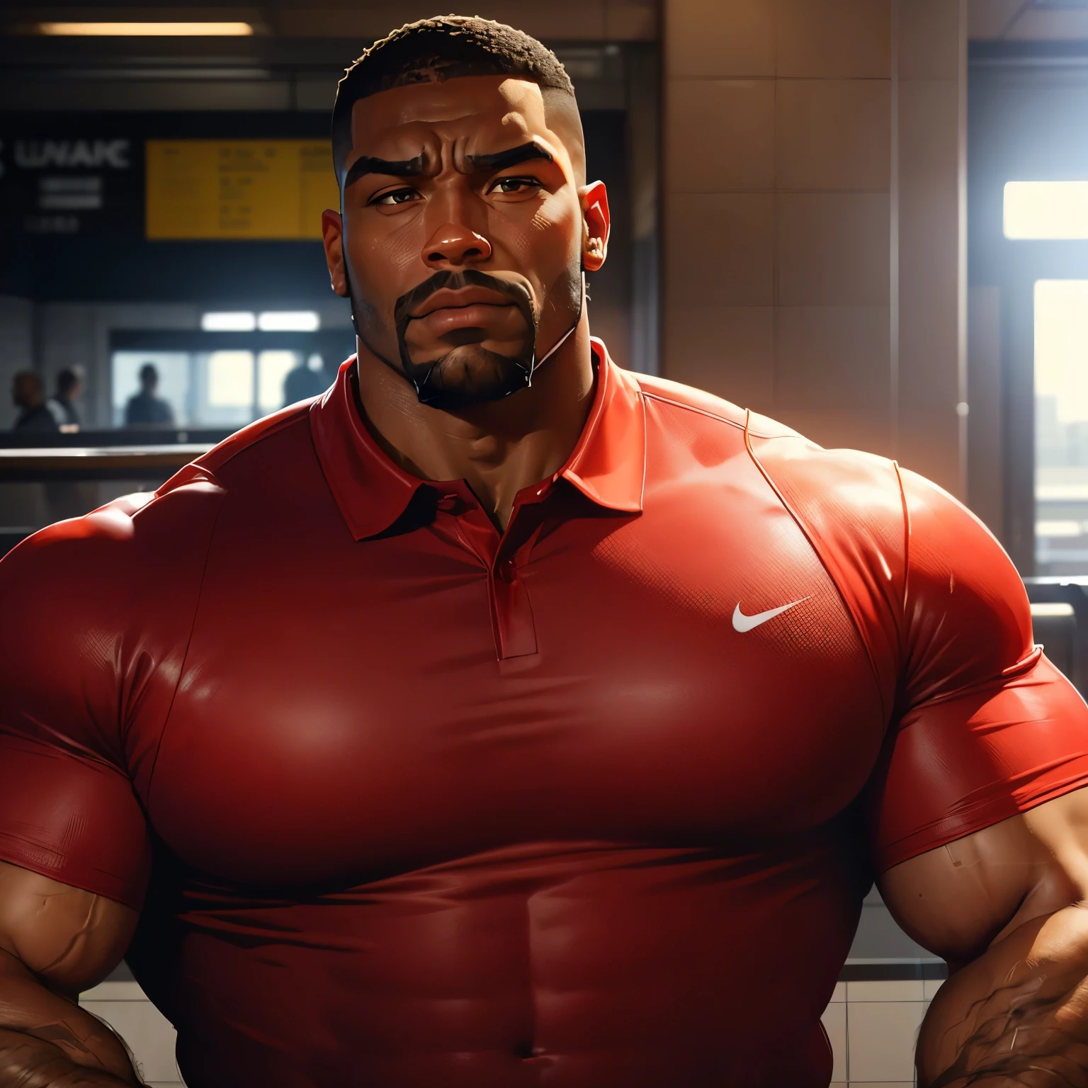 an exaggeratedly muscular and large bodyguard, beefy build, beard, dark-skinned african american male, buzzcut hair with square line, (worried expression: 1.2), (wearing collared red sports shirt: 1.2), nike logo on shirt, (bara pecs: 1.3), (arm and chest hair: 1.1), close-up portrait HD, (train station)