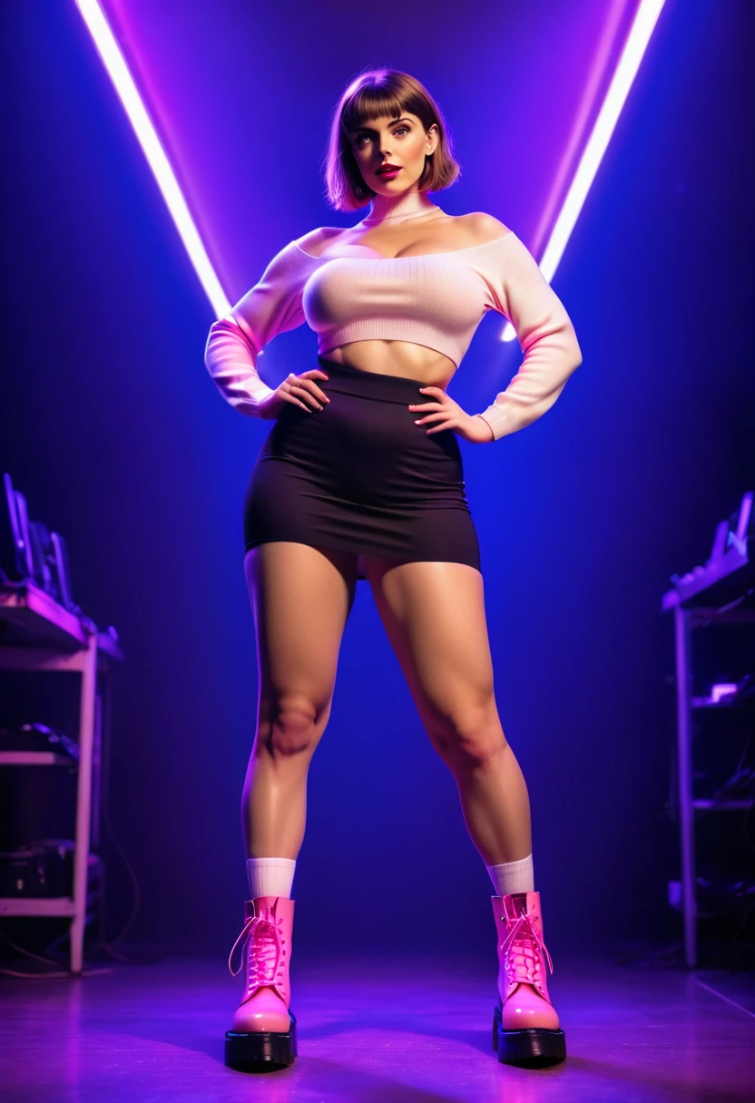 (full body photo:1.3), solo, (from below)1.2, (stylish bobhaircut) (huge natural breasts)1.3, (futuristic, nightclub, neon light), (standing pose), ((black tights) and white wool socks)1.3, (pink tube-top) (purple tight mini skirt)1.2, (black tights and white wool socks)1.3 (Platform Dr Martens boots)1.2, (wide hips, curvy, thick thighs muscular legs)1.2, intricate detail, ((random ethnicity from Europe and America) mature female)1.2 posh, (environmental portrait), perfect eyes, looking at viewer, showing ass