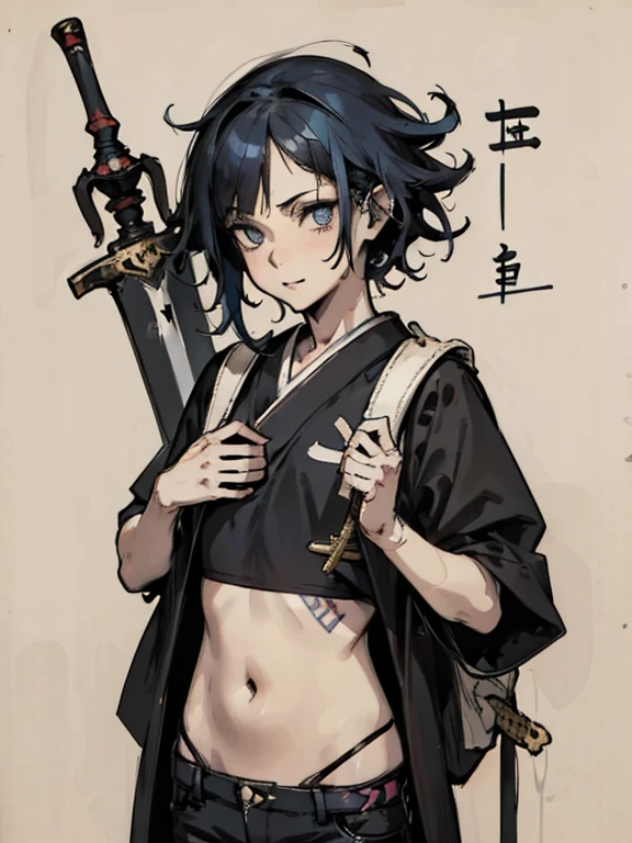 ((18-year-old punk girl,Unusual punk hair:1.3)),((Blue and white British punk fashion:1.5)),(Light black and blue hair:1.5、Long Bangs:1.5、short hair)Studded clothing、((Holding a sword in his right hand:1.5))、((Small backpack on the back))、（Narrow and small eyes）,Wacky makeup、Breast augmentation, (masterpiece), (High resolution), (Very delicate), scribble, nightmare, doll-like face, Manga style, rough sketch, Horror elements, Manga styleイラスト, Japanese painting, phantom, (Spooky), Japan sculpture, crazy illustration, antique, Dark atmosphere, Flat Illustration,Spookyな外観, Unique atmosphere、Narrow eyes、close your eyes
