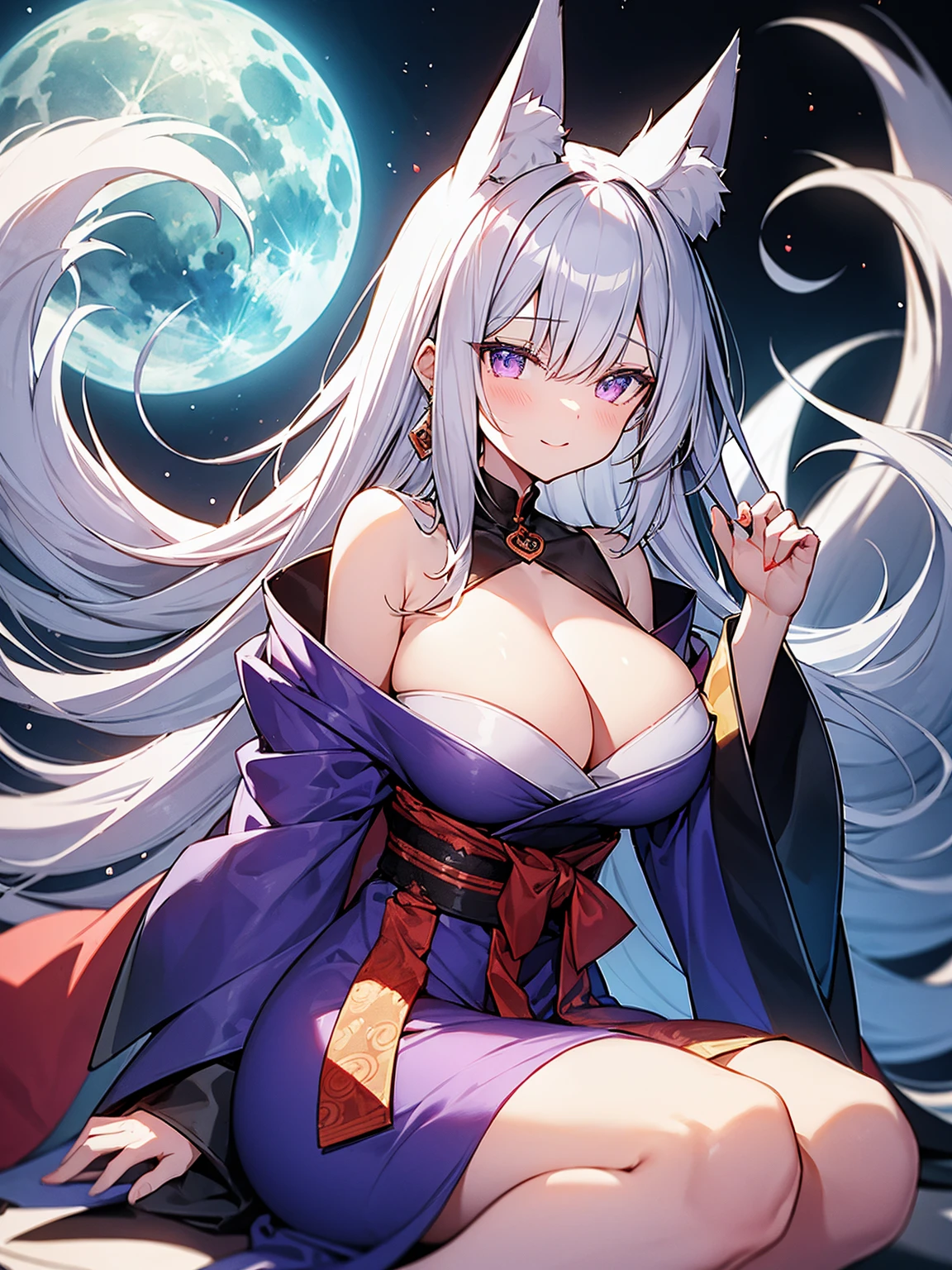 highest quality、masterpiece、4K、Gray Hair、bangs、長いGray Hair、Slanted Eyes、Purple lipstick、Glowing yellow eyes、Pale skin、nine tailed fox、Beautiful 9 white fox tails、Purple Oiran、topless、Big white fox ears、Large Breasts、Cleavage、Mouth open、Blue Flame、指先からBlue Flame、Full moon night、Full Body、High resolution、9 fox tails