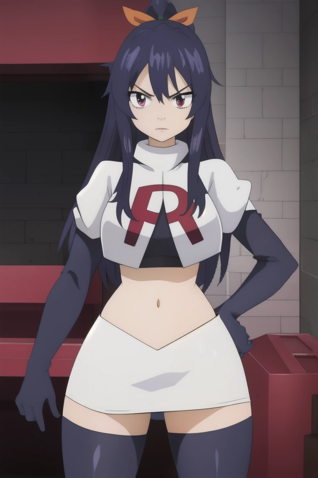 masterpiece, best quality, highly detailed, highres, hdr, extremely detailed illustration, detailed face, homurakougetsu, 1girl, solo, bow, ribbon, blue hair, hair ribbon, ponytail, purple hair, v-shaped eyebrows, team rocket,team rocket uniform,white skirt,red letter R,crop top,black thigh-highs