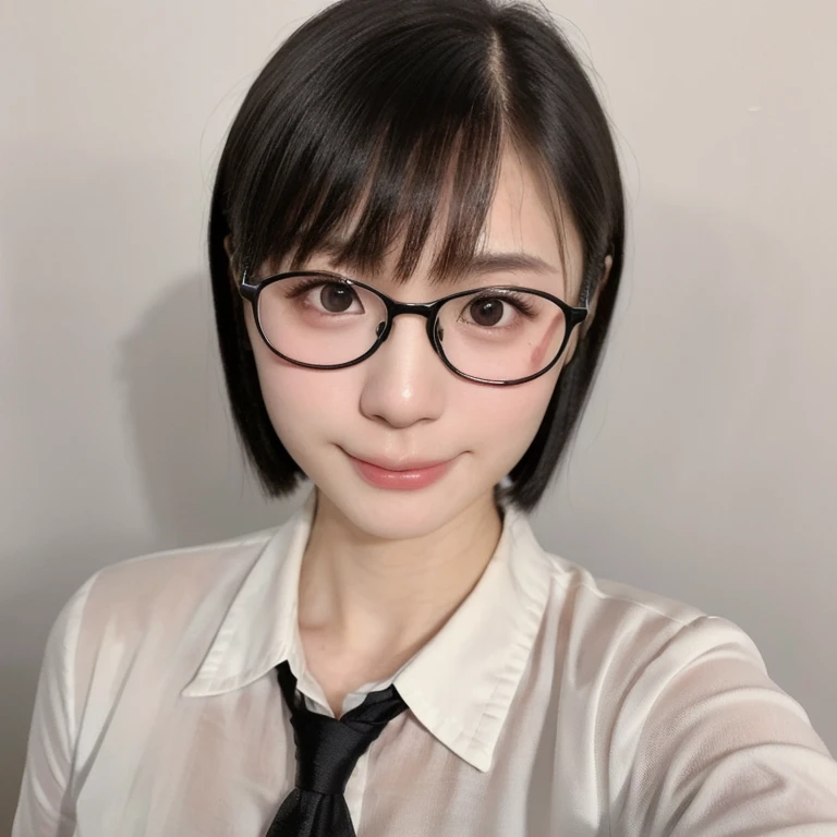 (kawaii 24year-old Japanese girl, Nogizaka idol, Korean idol), (glossy black hair, very short hair:1.3), (rounded face, black eyes, single eyelid, no makeup, soft smiling:1.2), (wearing glasses, silky black collared shirt unbuttoned:1.3), (flat chest, extra small breasts:0.8), (looking at viewer:1.2), BREAK, (simple white background:1.3), (view from forward, portrait, close shot:1.3), BREAK, (masterpiece, best quality, photo realistic, official art:1.4), (UHD, 8K quality wallpaper, high resolution, raw photo, golden ratio:1.2), (shiny skin), professional lighting, physically based rendering, award winning, (perfect anatomy, highly detailed skin, extremely detailed face and eyes), Carl Zeiss 85 mm F/1.4, depth of field, 1girl, solo,