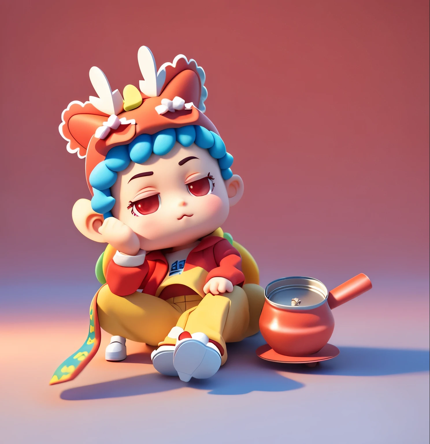 (number),(best quality), Little boy with hat，sitting cross-legged，Wearing red clothes，Blue pants，Squinting eyes，2 head-to-body ratios，Next to it is a brown tea can.，3D Cartoon，Pop Mart，cute，White background，high quality，soft，smooth