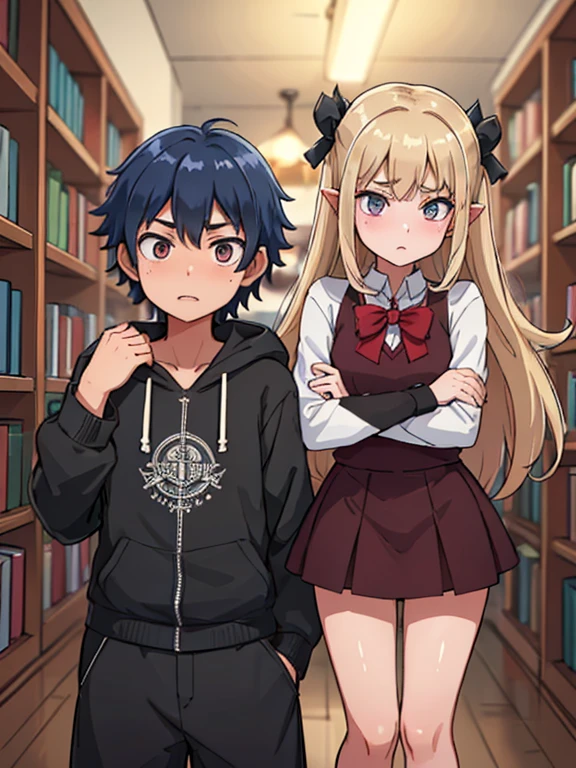 alta qualidade, obra prima (Two characters a girl and a boy. The girl has demonic horns. cabelo Blonde . Olhos vermelhos. Clothing Dark Gothic Clothing. Rosto taciturno. leaning on your arm. senta-se de pernas cruzadas.Boy with black hair and a hooded sweater. Tendo como pano de fundo An old bookstore (library)