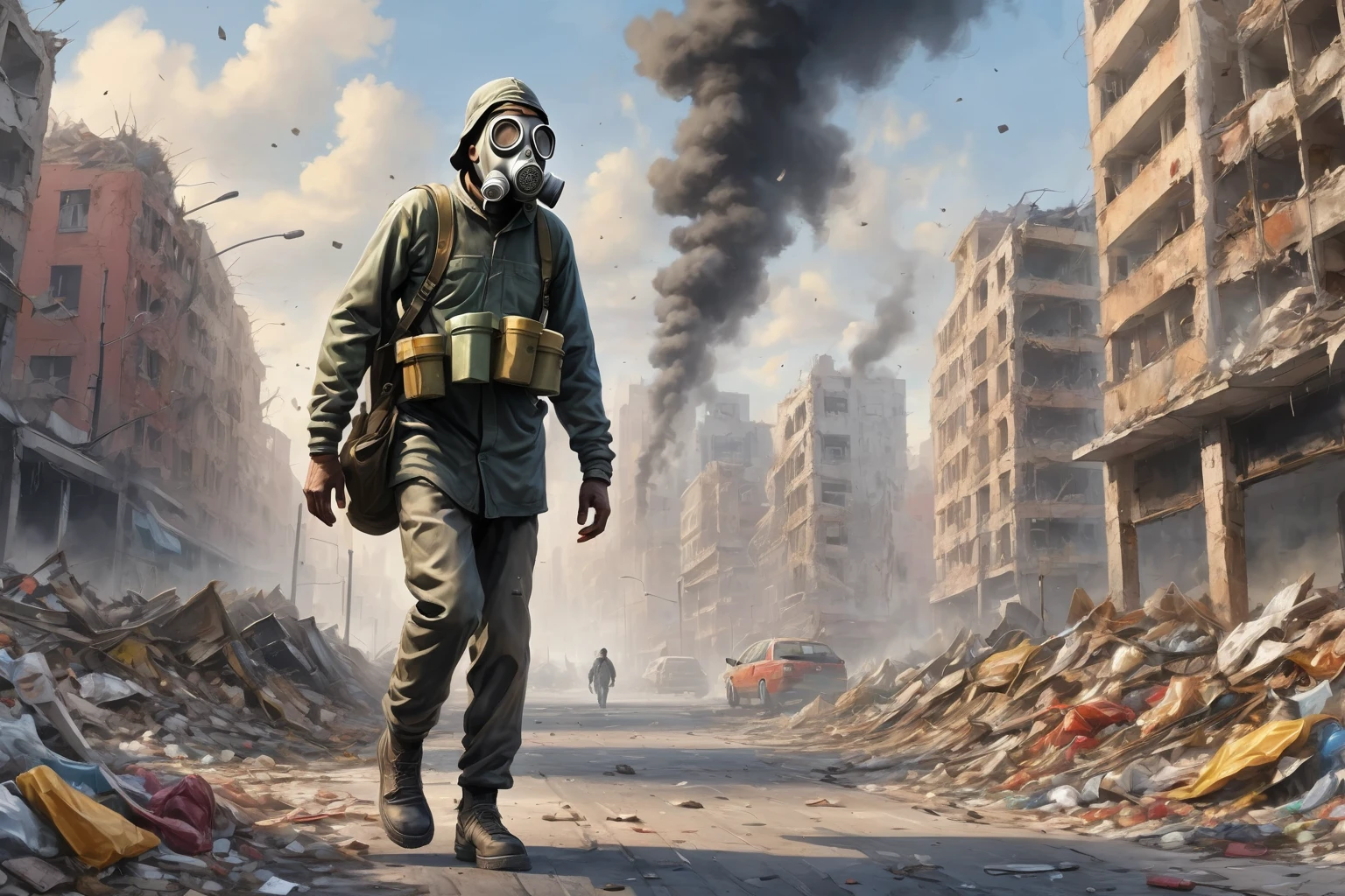Araaf man wearing a gas mask walks through the destroyed city,Garbage World Miscellaneous 2D Game Scenes Large City Skyline, Oil painting and watercolor, (masterpiece:1.2), best quality, (Ultra Detailed, The most detailed:1.2), High resolution textures,
