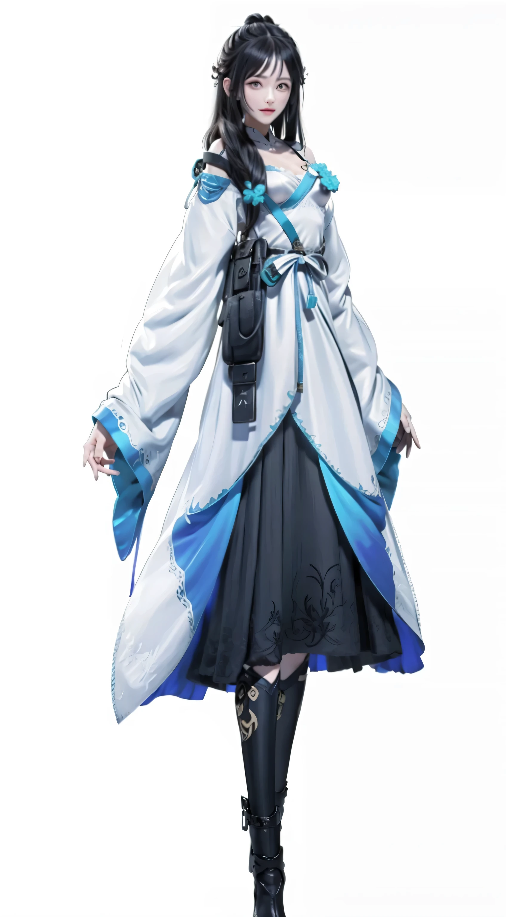 A woman in a long skirt by the waterfall、Close-up of a woman with long hair, full body xianxia, Moon themed clothing, Inspired by trees, cotton cloud mage robes, heise jinyao, yun ling, Keqing from genshin impact, Full body martial arts, Inspired by cold plum, Clothing with blue accents, Plump cleavage in the valley between Zhongli and Charming in Genshin Impact / cleavage