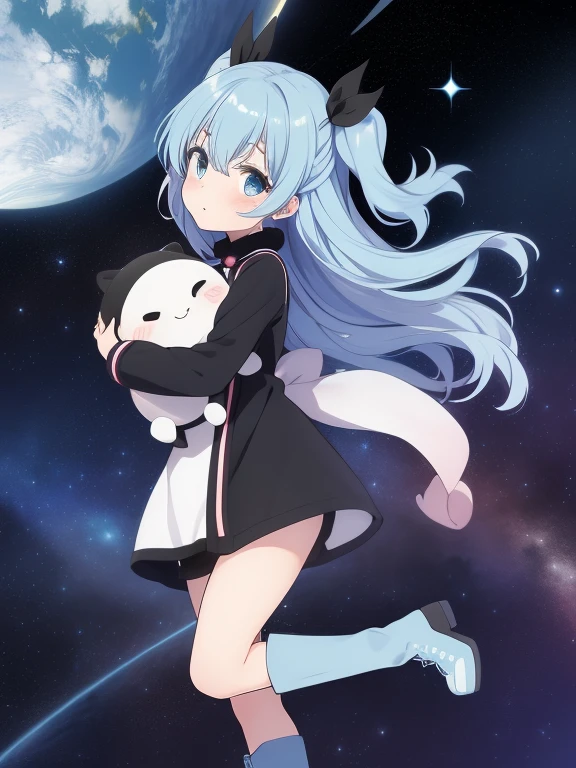 Noel, One girl, alone, blue eyes, texpensiveexpensives, Blue Hair, Long Hair, Hug your feet, Both sides up, boots, dress, black texpensiveexpensives, ribbon, planet, space, white dress, hair ribbon, blush, , Earth (planet), A masterpiece that looks at the viewer, expensive quality, very_expensive_solve, big_file size, Full Color,