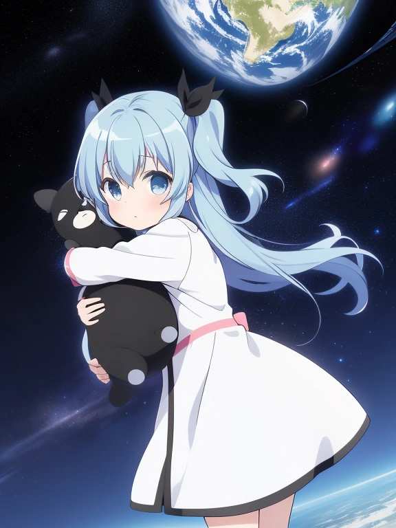 Noel, One girl, alone, blue eyes, texpensiveexpensives, Blue Hair, Long Hair, Hug your feet, Both sides up, boots, dress, black texpensiveexpensives, ribbon, planet, space, white dress, hair ribbon, blush, , Earth (planet), A masterpiece that looks at the viewer, expensive quality, very_expensive_solve, big_file size, Full Color,