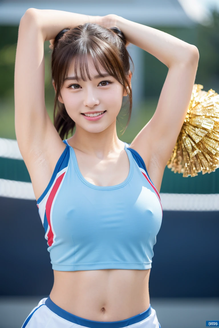 Pieces fly, highest quality, figure, Very detailed, finely, High resolution, 8k wallpaper, Perfect dynamic composition, finelyてBeautiful Eyes,Medium Hair,small breast natural color lip, Bold sexy pose,smile,Harajuku、20-year-old girl、cute、sexy shot looking at camera、ponytail , whole body((Realistic lighting, highest quality, 8k, masterpiece: 1.3)), Clear focus: 1.2, 1 girl, Perfect figure: 1.4,(Cheerleader:1.3),(Outdoor:1.5),(Look at armpits:1.5),(Stadium:1.1),(Cheer Dance:1.3) Very beautiful face, Beautiful Eyes, double eyelid,smile