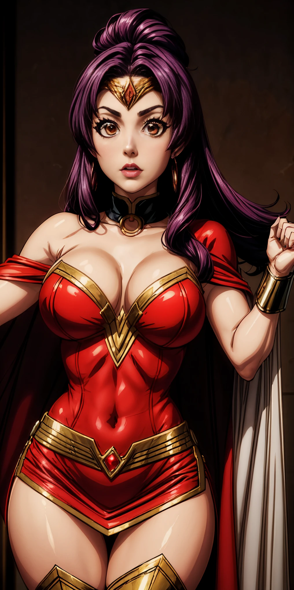 a woman in a red and gold costume posing for a picture, bright red cape on her back, faye valentine, amouranth as a super villain, cory chase as an atlantean, she-ra, she - ra, dressed as wonder woman, cinematic goddess body shot, ornate cosplay, close up half body shot, portrait of modern darna, exposed thighs!!!