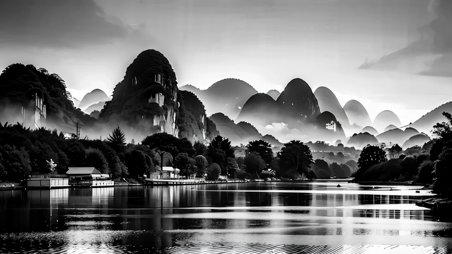 ((best quality)), ((masterpiece)), (detailed), Mountain,Guilin,Black and White