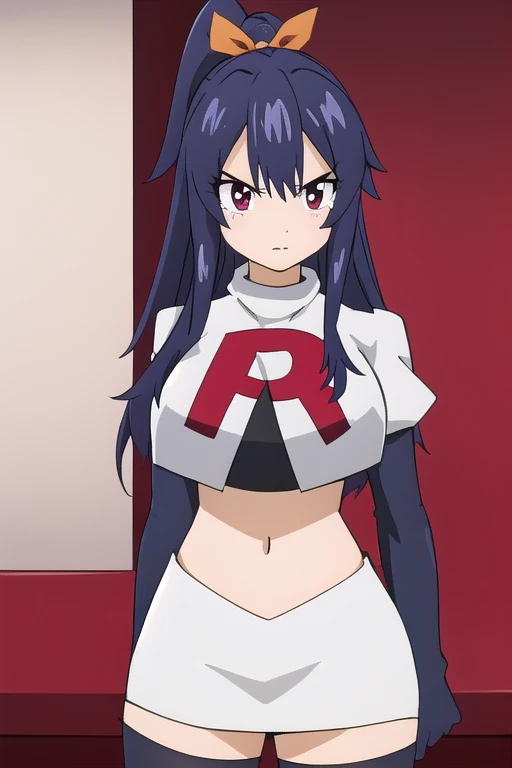 masterpiece, best quality, highly detailed, highres, hdr, extremely detailed illustration, detailed face, homurakougetsu, 1girl, solo, bow, ribbon, blue hair, hair ribbon, ponytail, purple hair, v-shaped eyebrows, team rocket,team rocket uniform,white skirt,red letter R,crop top,black thigh-highs