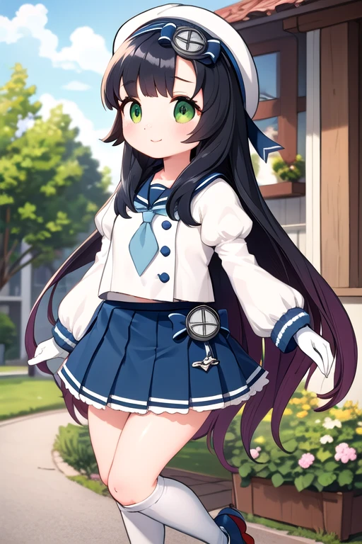 highest quality, masterpiece, Very detailed, One girl, alone, smile,
settlement, freckles, Very long hair,
, Sailor's hat, Blue Ribbon,  Blue sailor collar, Blue neckerchief, Juliet Sleeve, Long sleeve, White gloves, Blue Skirt, Pleated skirt, Knee-high, 白いshoes下, shoes, Grey footwear,
Outdoor,