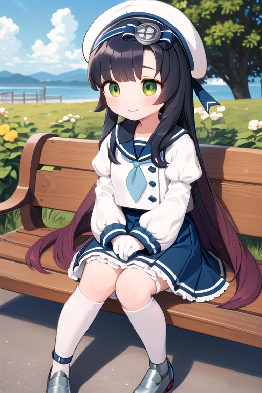 highest quality, masterpiece, Very detailed, One girl, alone, smile,
settlement, freckles, Very long hair,
, Sailor's hat, Blue Ribbon,  Blue sailor collar, Blue neckerchief, Juliet Sleeve, Long sleeve, White gloves, Blue Skirt, Pleated skirt, Knee-high, 白いshoes下, shoes, Grey footwear,
Outdoor,