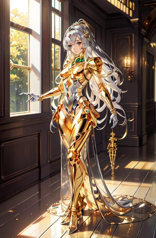 highest quality, masterpiece, High resolution, (Exquisite body: 1.5), Gorgeous face, (metal skin: 1.3), Intricate details, High resolution, wallpaper, whole body, 
whole bodyショット, 1 Girl, translucent robotic body, Naked skeleton, tied to a transparent tube, (((((Gold and silver body parts)))), Big eyes, Silver floating hair, Natural pose, 
16k, High resolution, High Resolution, Depth Field, (Film Grain: 1.1), Book, Golden Hour, (Lens flare), Vignette, rainbow, (Color Grading: 1.5)