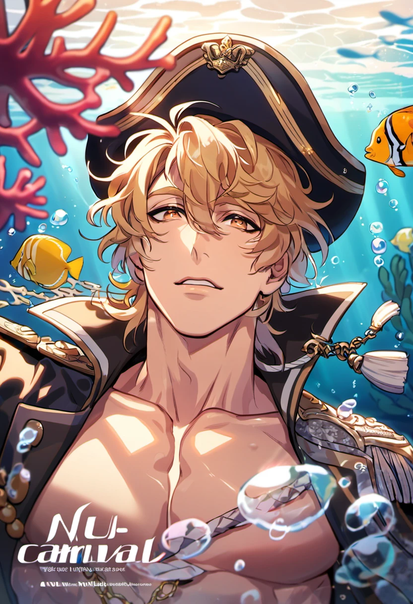 absurdres, highres, ultra detailed, HDR, master piece, best quality, perfect face, Quincy, blond messy hair, expressive amber eyes, Nu Carnival, solo, sexy man, handsome, black hat, fantasy black pirate clothes, accessories, showing the chest, underwater, coral, fish, bubbles