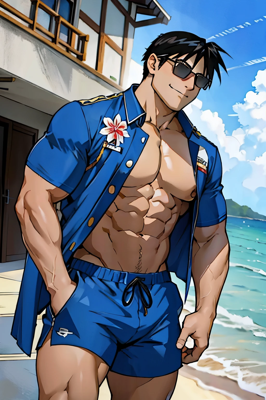 Roy Mustang from Full Metal Alchemist, wearing swimsuit, sunglasses and light hawaiian shirt, smug smile, bodybuilder, defined body, posing, shirtless, abs, big legs