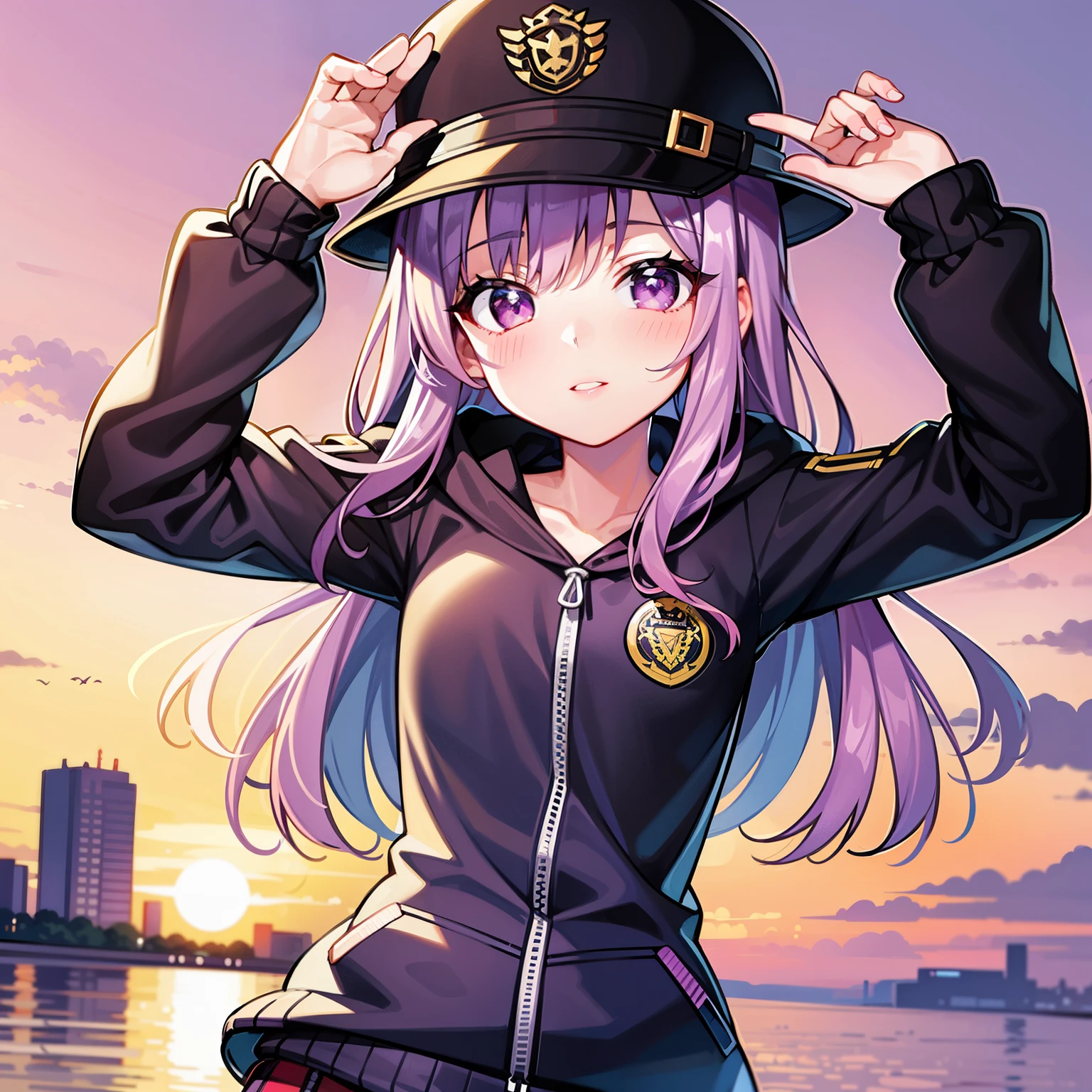 ((1girl, solo)), purple hair, long hair, purple eyes, grey, +_+, long sleeves, smile, (((parted lips))), hood down, (badge on hat), symbol-shaped pupils, looking at viewer, details eyes, absurdres, half body, ((sunset)), top view, (day time, sunny)