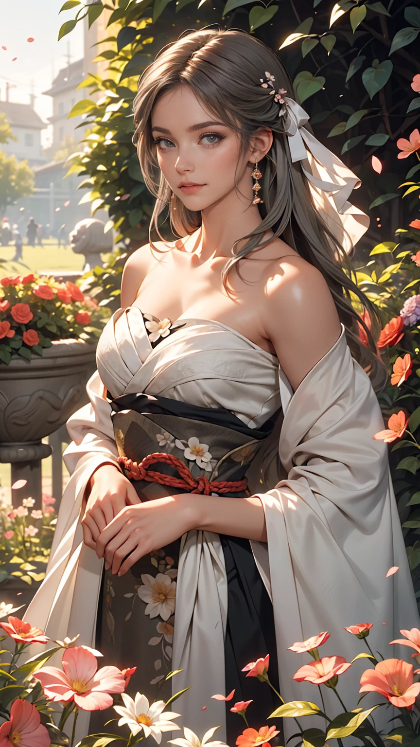 (Girl:1.5),race,ribbon,(masterpiece, Side light, Beautiful detailed grey eyes: 1.2), Mid-chest, Realistic, Glowing Eyes,Shiny Hair,Black Hair,Long, long hair, Shiny skin, alone, Embarrassing,Strapless,Exquisite,beautifully,garden,Flowers,Fluttering petals, barefoot, Cherry Blossom, Cinematic Light, Structure of the film, Rich Expressions