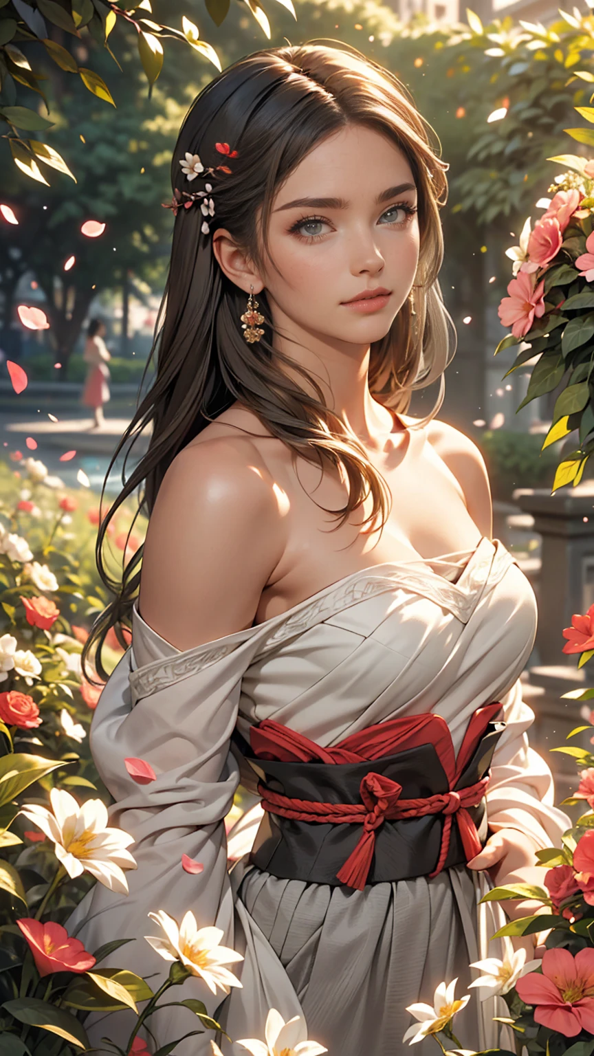 (Girl: 1.5), race, ribbon, Hanfu, (masterpiece, Side light, delicate and beautiful gray eyes: 1.2), masterpiece, Realistic, Shining Eyes, Shiny Hair, Black Hair, Long Hair, Shiny skin, alone, awkward, Strapless, delicate, beautiful, garden, Flowers, Fluttering petals,