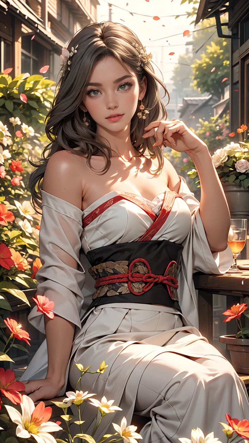 (Girl: 1.5), race, ribbon, Hanfu, (masterpiece, Side light, delicate and beautiful gray eyes: 1.2), masterpiece, Realistic, Shining Eyes, Shiny Hair, Black Hair, Long Hair, Shiny skin, alone, awkward, Strapless, delicate, beautiful, garden, Flowers, Fluttering petals,