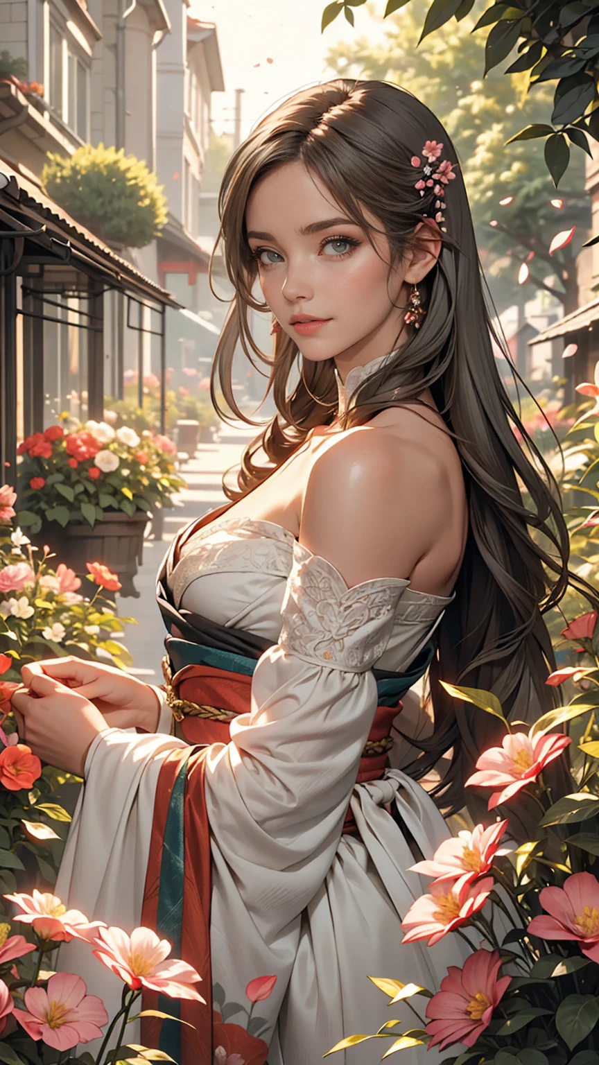 (Girl: 1.5), race, ribbon, Hanfu, (masterpiece, Side light, delicate and beautiful gray eyes: 1.2), masterpiece, Realistic, Shining Eyes, Shiny Hair, Black Hair, Long Hair, Shiny skin, alone, awkward, Strapless, delicate, beautiful, garden, Flowers, Fluttering petals,