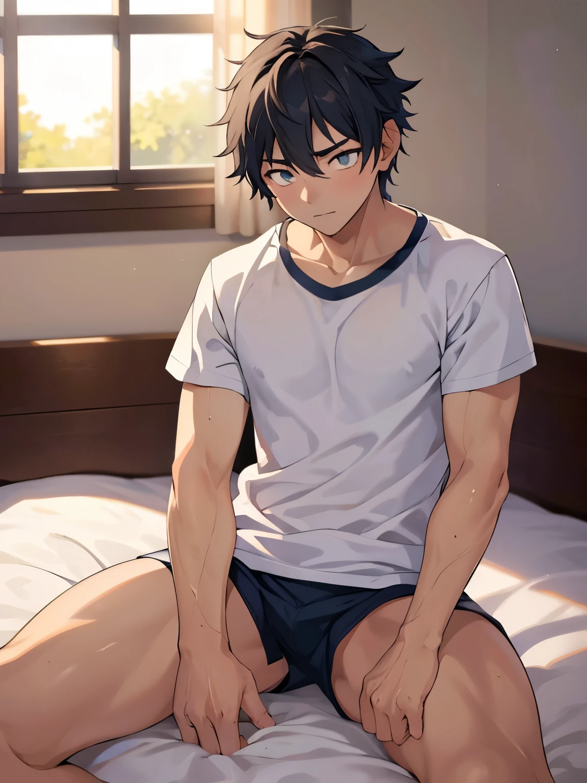 1 boy,,Bed Head,(sleepy),T-Shirts,Fishnet window,Morning sun,Sit on the bed,masterpiece,最high quality,ultra-detailed,high quality, High resolution,Perfect Anatomy,detailed,beautiful detailed eyes,Full Arm,Full Hand,Five fingers