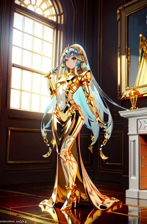 highest quality, masterpiece, High resolution, (Exquisite body: 1.5), Gorgeous face, (metal skin: 1.3), Intricate details, High resolution, wallpaper, whole body, 
whole bodyショット, 1 Girl, translucent robotic body, Naked skeleton, tied to a transparent tube, (((((Gold and silver body parts)))), Big eyes, Silver floating hair, Natural pose, 
16k, High resolution, High Resolution, Depth Field, (Film Grain: 1.1), Book, Golden Hour, (Lens flare), Vignette, rainbow, (Color Grading: 1.5)