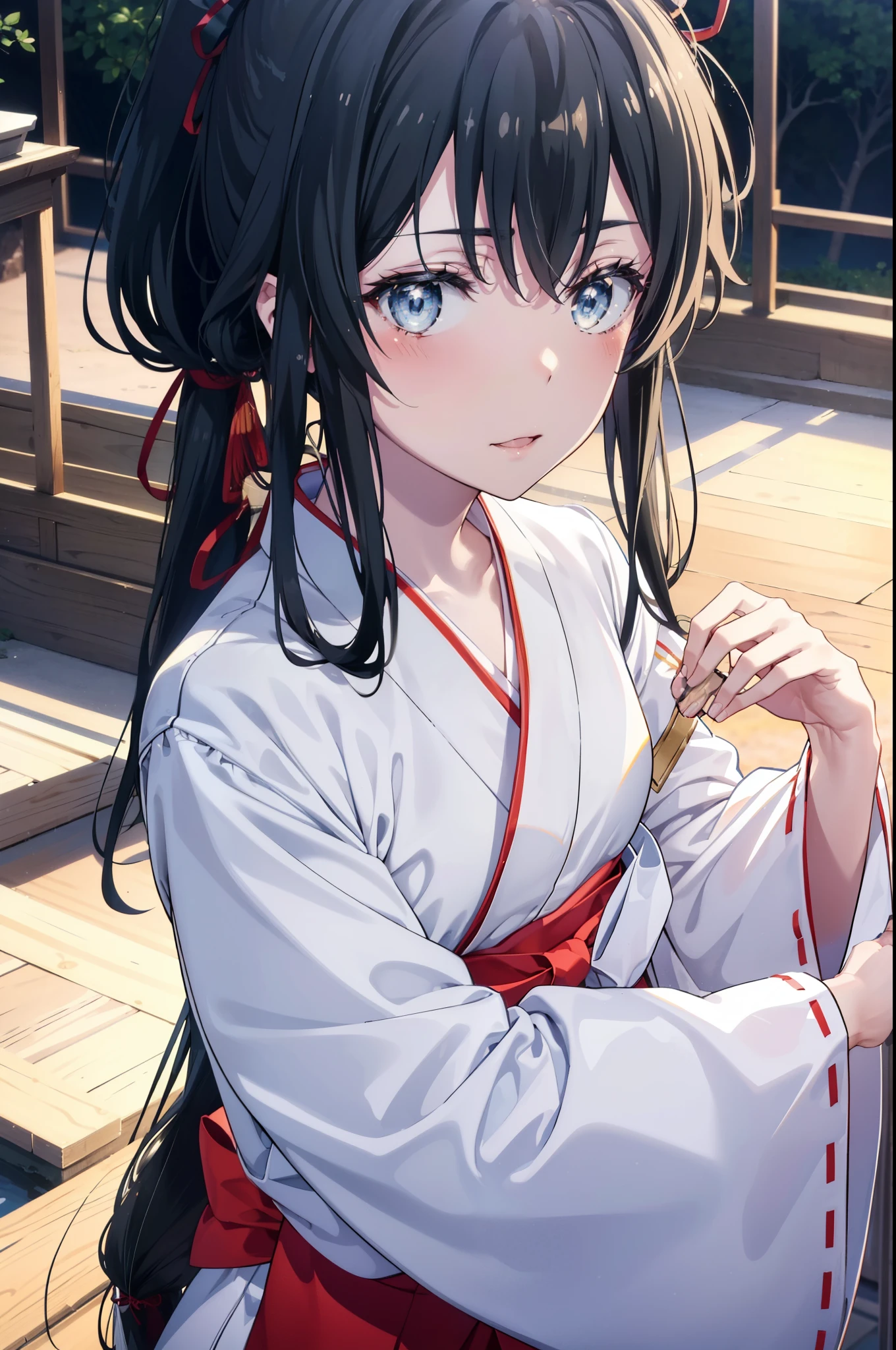 yukinoyukinoshita, Yukino yukinoshita, Black Hair, blue eyes, Long Hair,blush,smile,Open your mouth, Ahoge,Platycodon grandiflorum,Miko, White Kimono, red hakama,kimono, Thick sleeves, Long sleeve, Ribbon-trimmed sleeves, 
とてもLong Hair, Blunt bangs, Low ponytail, White tabi,Sandals,Daytime,Clear skies,whole bodyがイラストに入るように,
break outdoors, shrine,torii,
break looking at viewer,whole body, (Cowboy Shot:1.5),
break (masterpiece:1.2), highest quality, High resolution, unity 8k wallpaper, (figure:0.8), (Beautiful fine details:1.6), Highly detailed face, Perfect lighting, Highly detailed CG, (Perfect hands, Perfect Anatomy),