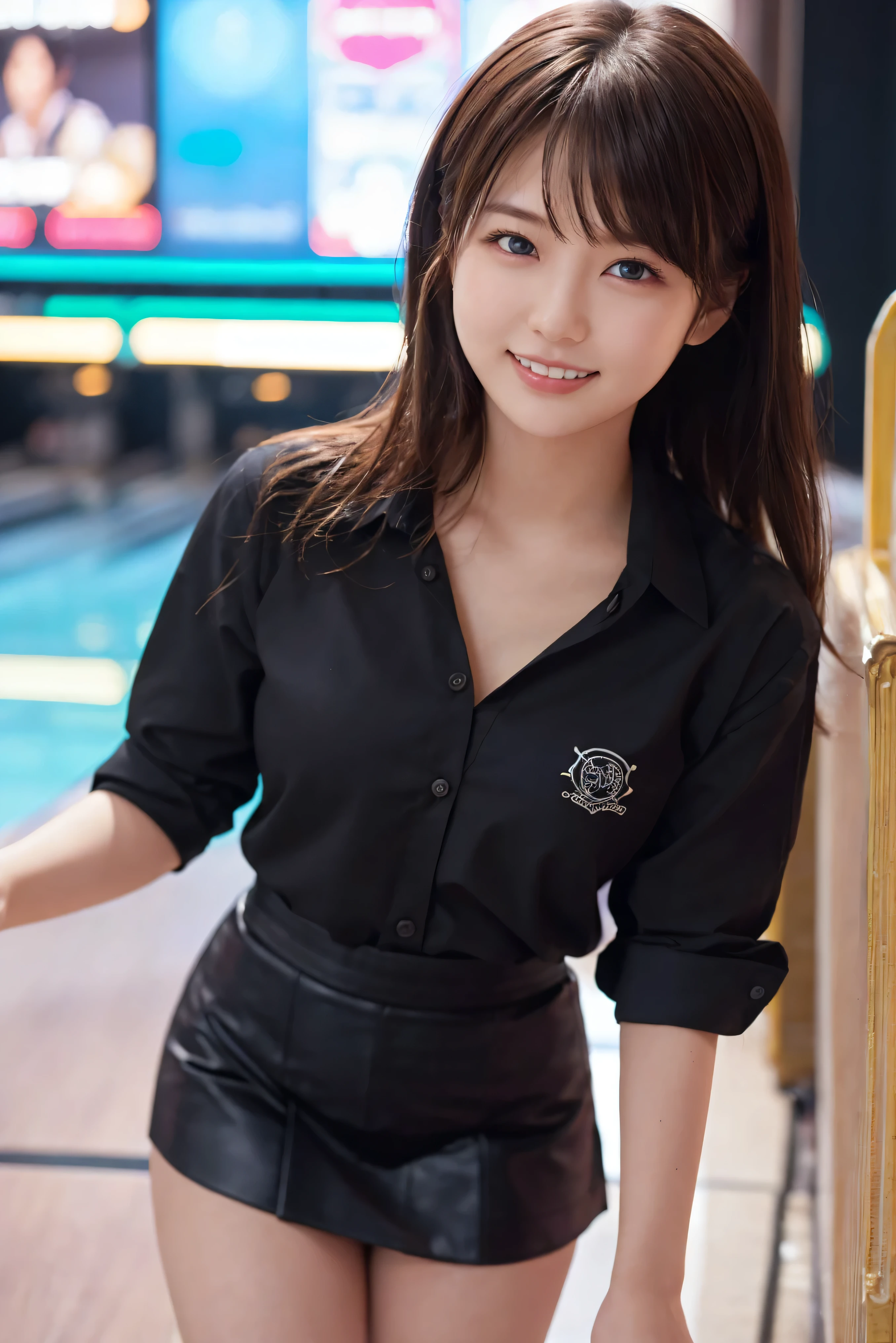 1 girl,{{Tie your hair up}}I have a black bowling ball、bowling alley、Snapshot in front of the lane、 {{Super clear and delicate blue eyes}}、(Wear a black bowling shirt and a black skirt :1.2), (RAW Photos, highest qualそれy), (Realistic, Realistic:1.4), Tabletop, Very delicate and beautiful, Very detailed, 2k wallpaper, wonderful, finely, Very detailed CG Unlimited 8K wallpaper, Very detailed, High resolution, Soft Light, Beautiful detailed girl, Very detailed目と顔, Beautiful and sophisticated nose, Finely beautiful eyes, Cinema Lighting, Perfect Anatomy, Slender body, Was nervous,
Straight semi-long hair, bangs, Looking at the audience, smile