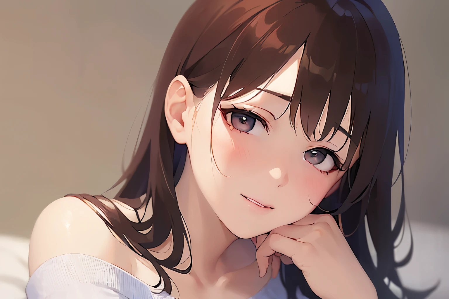 looking up, Placing hand on face、bedroom,sitting on bed、Upper Body, Realistic, real person, (pale skin: 1.2), RAW photo, photorealistic, portrait photography, shiny skin, shiny hair、(A 25-year-old woman with medium-length hair and bangs) and (wavy hair) and (brown hair) and (orange eyes) and (closed eyes), (White off-shoulder blouse) and (long sleeve), (embarrassed:1.5), Alone
