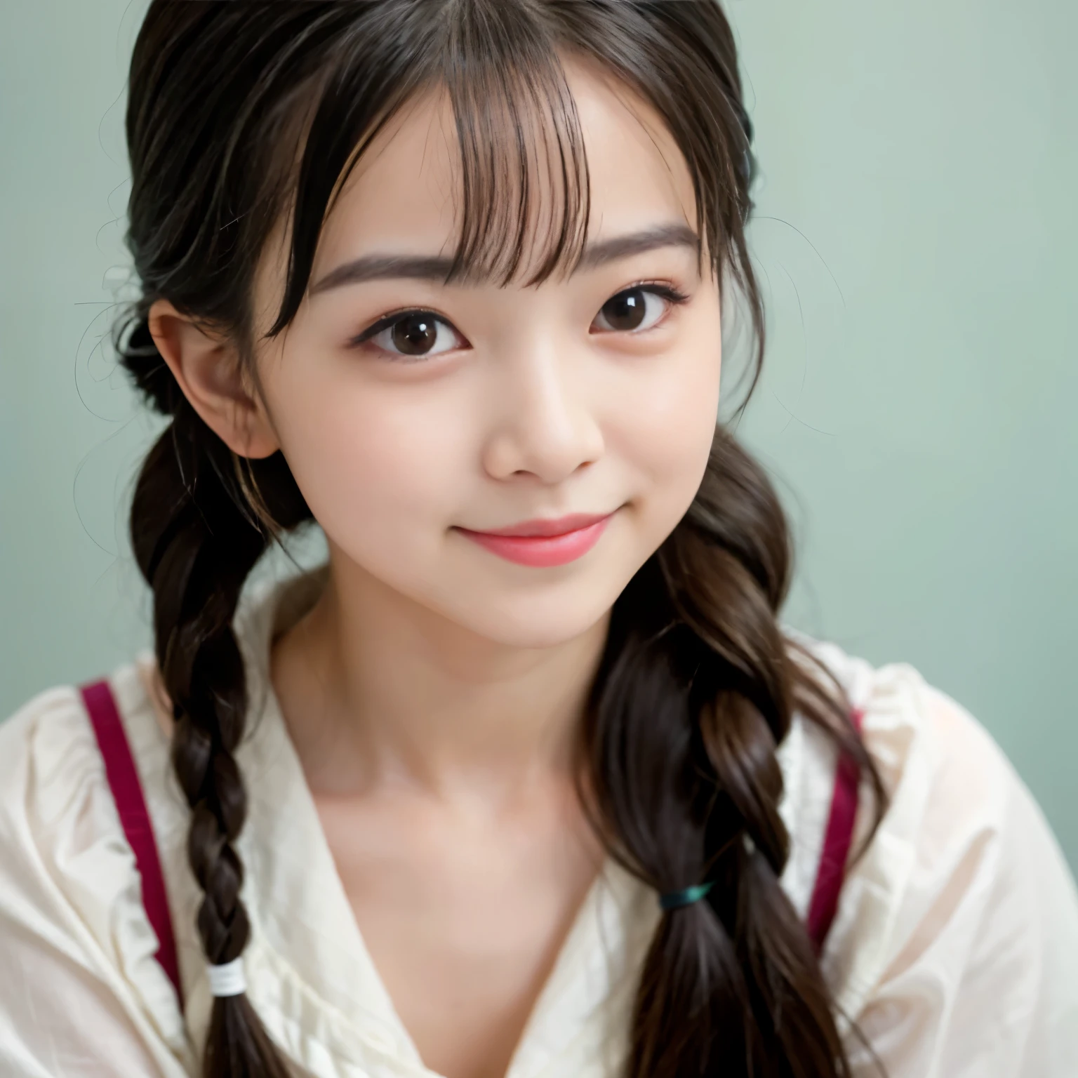 highest quality, realistic, 8K, High resolution, 1 girl, woman,, (portrait:0.6), nice, ((white background, naked, small breasts:1.65)), (Black hair in braids, parted bangs:1.4), looking at the viewer, (1 girl eyes looking at the viewer:1.6), realistic, (Bokeh), (closed mouth, smile:1.3), nice, Pueros face_V1:1,
