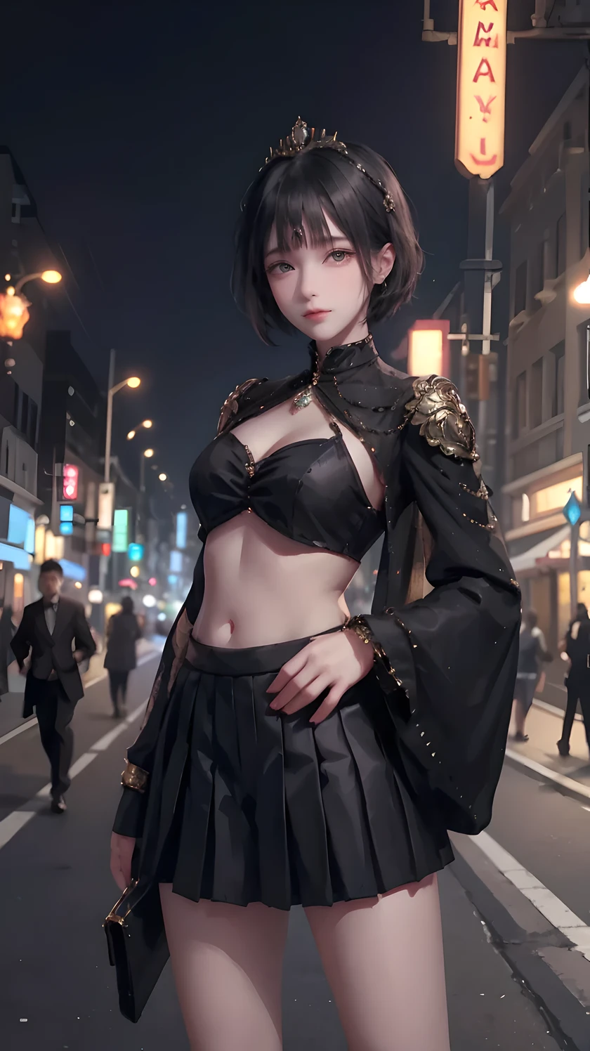 Cute young woman, Black short hair, Brown eyes, Queen,Pleated skirt suit,streetlight,Neon,Bustling street background,(navel:1.1,Princess Eyes), noble, , high quality, masterpiece, Very detailed