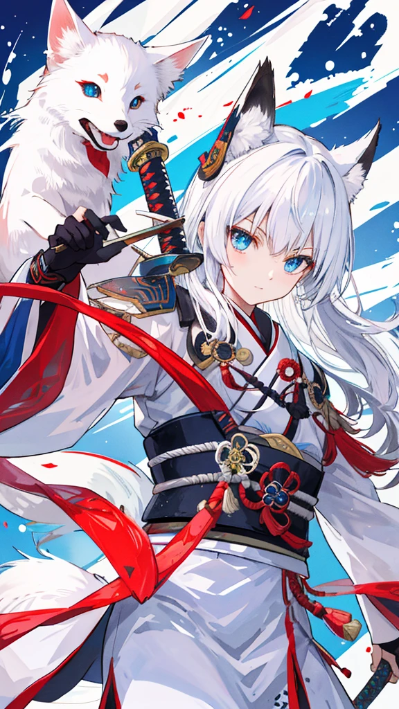 high qulity, tmasterpiece, ultra - detailed, White Fox Samurai, long whitr hair, captivating blue eyes, Holding a katana, Japanese-style armor, fiery background