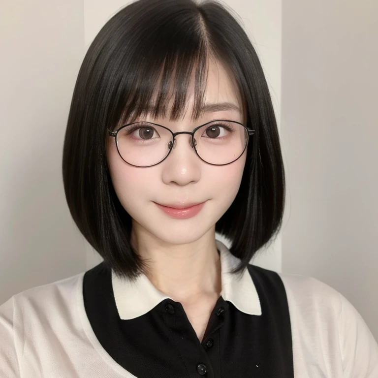 (kawaii 24year-old Japanese girl, Nogizaka idol, Korean idol), (glossy black hair, medium bob cut:1.3), (rounded face, black eyes, single eyelid, no makeup, soft smiling:1.2), (wearing glasses, polo shirt:1.3), (flat chest, extra small breasts:0.8), (looking at viewer:1.2), BREAK, (simple white background:1.3), (view from forward, portrait, close shot:1.3), BREAK, (masterpiece, best quality, photo realistic, official art:1.4), (UHD, 8K quality wallpaper, high resolution, raw photo, golden ratio:1.2), (shiny skin), professional lighting, physically based rendering, award winning, (perfect anatomy, highly detailed skin, extremely detailed face and eyes), Carl Zeiss 85 mm F/1.4, depth of field, 1girl, solo,