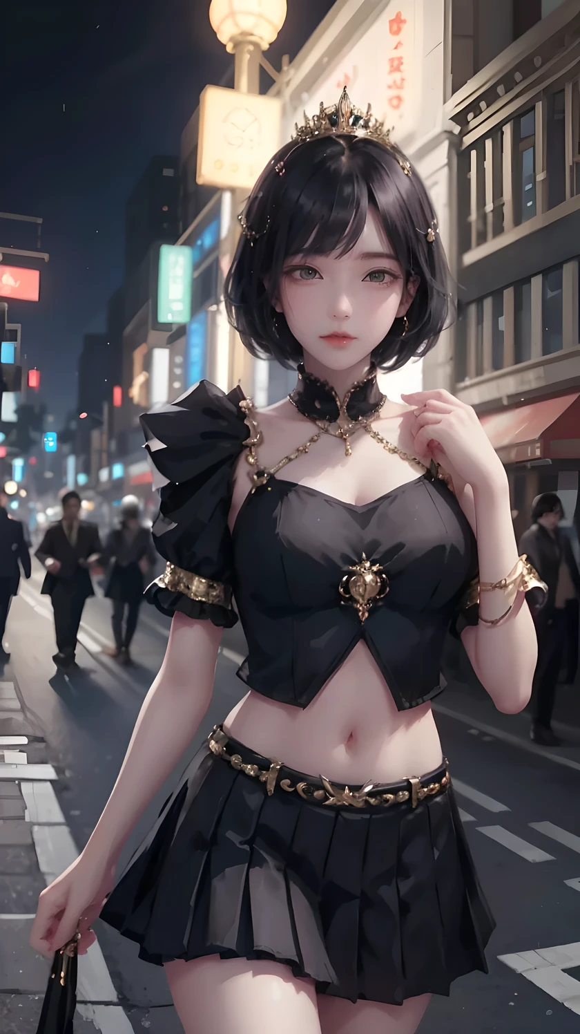 Cute young woman, Black short hair, Brown eyes, Queen,Pleated skirt suit,streetlight,Neon,Bustling street background,(navel:1.1,Princess Eyes), noble, , high quality, masterpiece, Very detailed