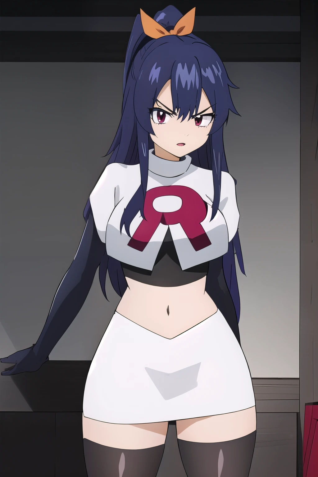 masterpiece, best quality, highly detailed, highres, hdr, extremely detailed illustration, detailed face, homurakougetsu, 1girl, solo, bow, ribbon, blue hair, hair ribbon, ponytail, purple hair, v-shaped eyebrows, team rocket,team rocket uniform,white skirt,red letter R,crop top,black thigh-highs