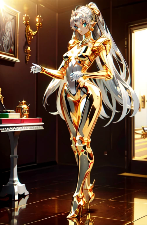 highest quality, masterpiece, High resolution, (Exquisite body: 1.5), Gorgeous face, (metal skin: 1.3), Intricate details, High resolution, wallpaper, whole body, 
whole bodyショット, 1 Girl, Transparent robot body, Naked skeleton, tied to a transparent tube, (((((Gold and silver body parts)))), Big eyes, Silver floating hair, Natural pose, 
16k, High resolution, High Resolution, Depth Field, (Film Grain: 1.1), Book, Golden Hour, (Lens flare), Vignette, rainbow, (Color Grading: 1.5)